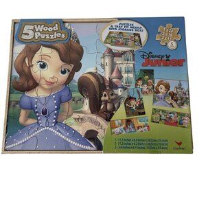 Disney Junior 5 Wood Puzzles Sophia Jake Lambie Doc Mcstuffins Storage Box NEW
